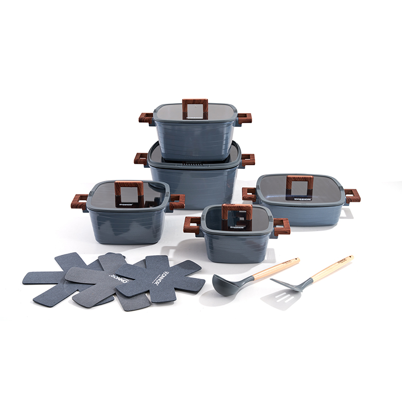 Juego de utensilios de cocina de aluminio PilaCuadrada LíneaMaderada de 15 piezas