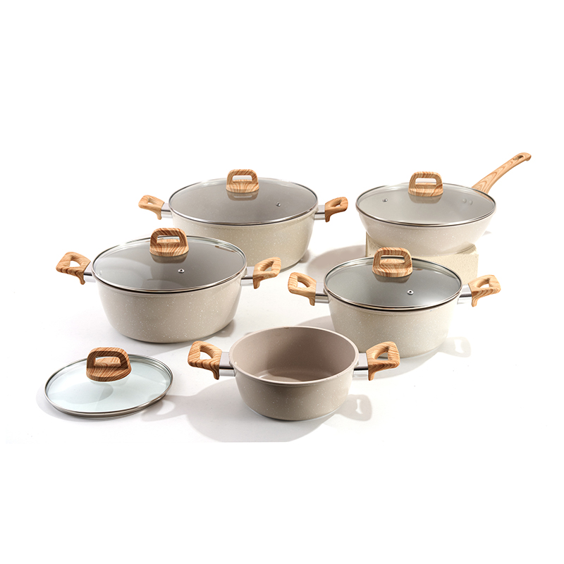 Juego de utensilios de cocina de aluminio MaderaMoteada de 10 piezas