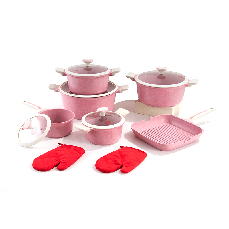Juego de utensilios de cocina de aluminio MoteadoSonrosado de 13 piezas