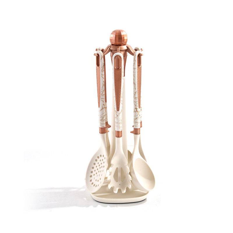 Juego de utensilios de cocina giratorios de silicona de oro rosa con patrón de mármol